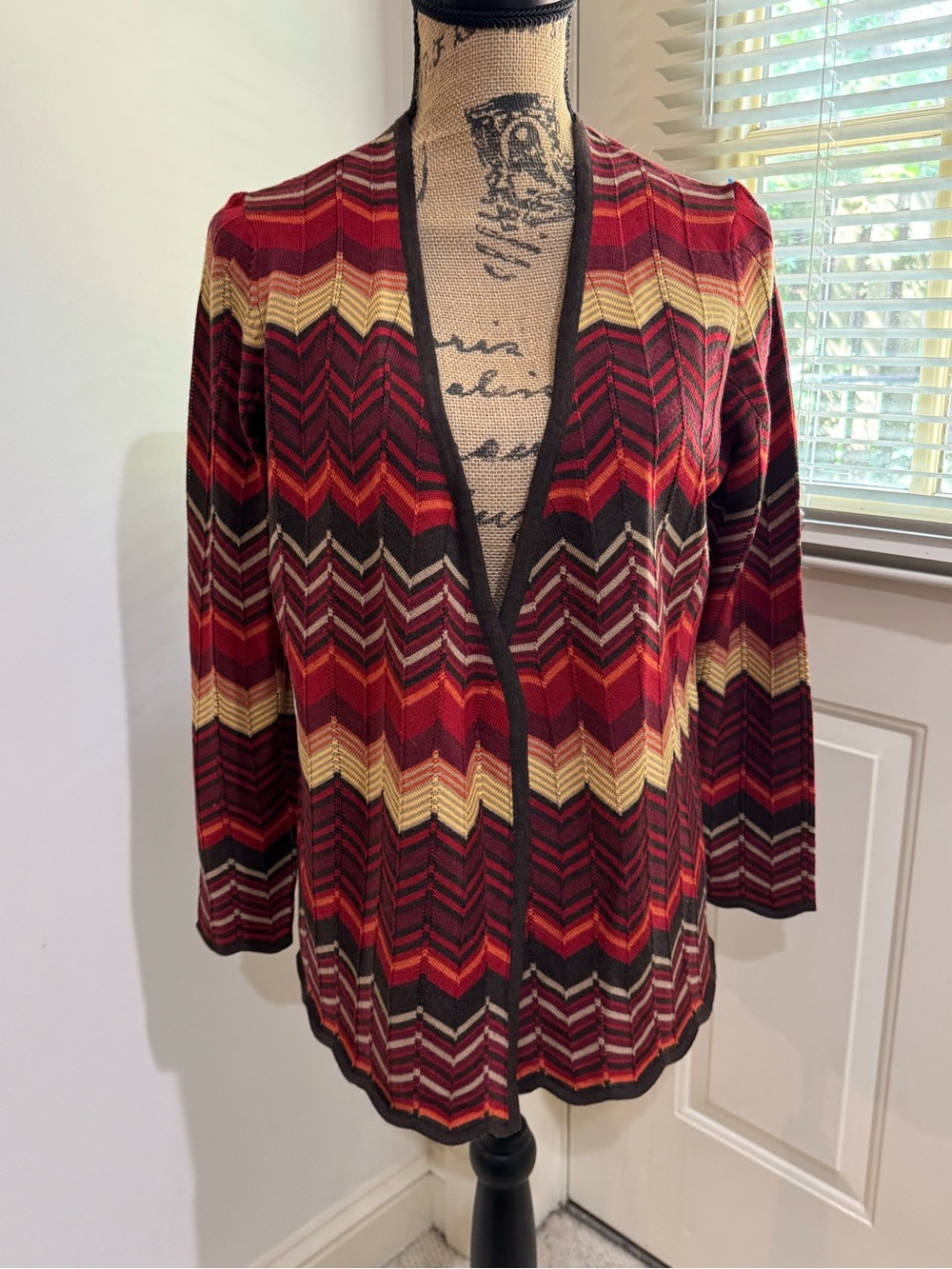 Pendleton Red Multi Chevron Open-Front merino wool Cardigan size PM